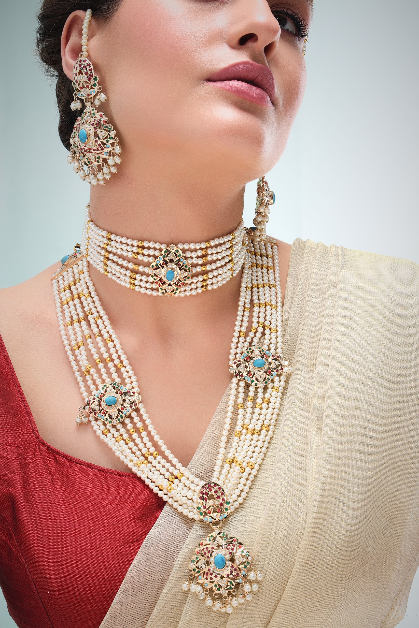 Maheen Jadau long necklace set with choker & earrings