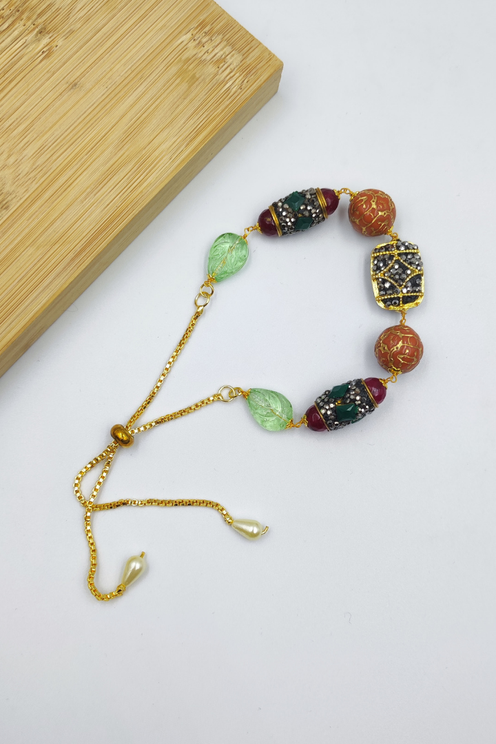 Nazakat Orange Carved Beads Jadau Bracelet Adjustable