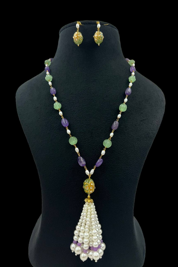 NAZAKAT Amethyst and Melon Long Statement Chain Bracelet set