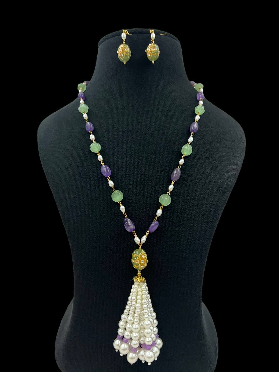 NAZAKAT Amethyst and Melon Long Statement Chain Bracelet set