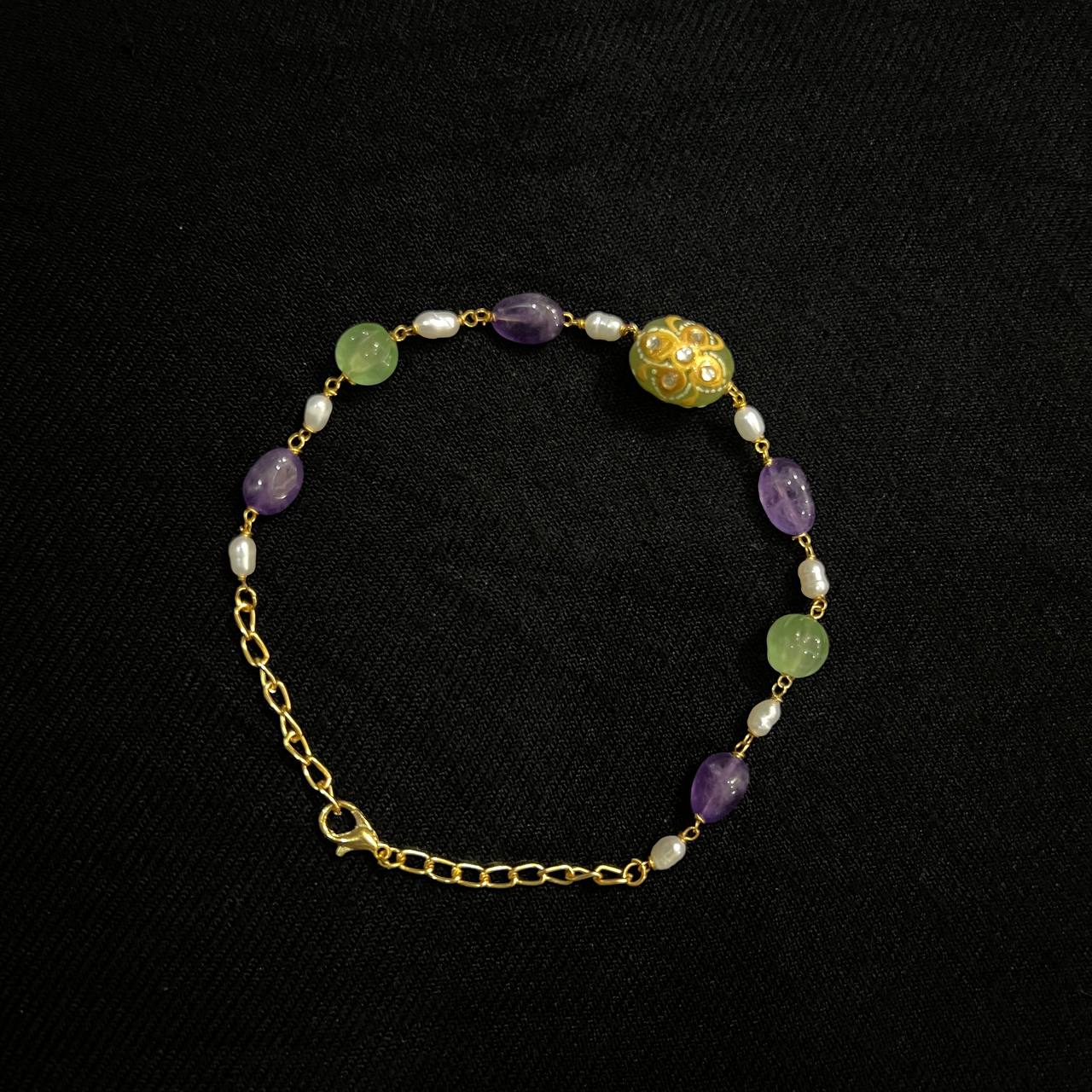 NAZAKAT Amethyst and Melon Long Statement Chain Bracelet set
