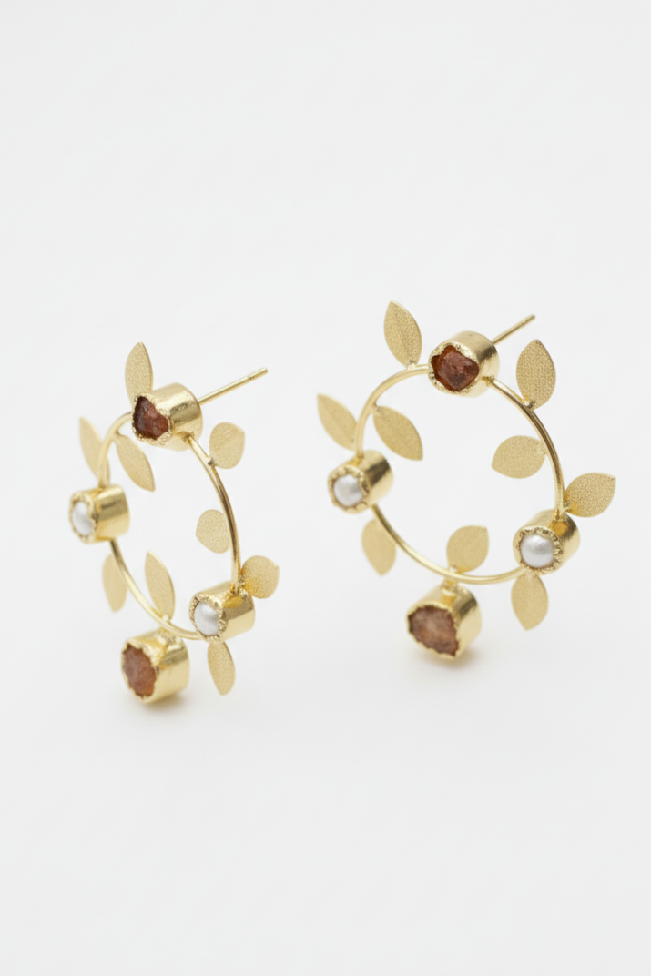 Rose Cabochon Gold Leaf Statement Earrings
