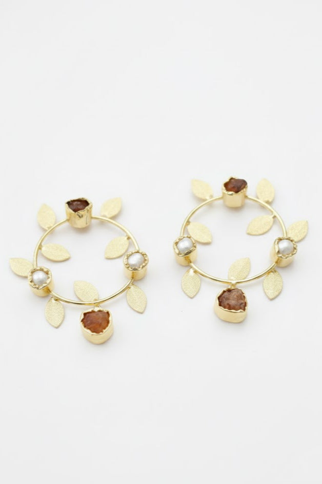 Rose Cabochon Gold Leaf Statement Earrings