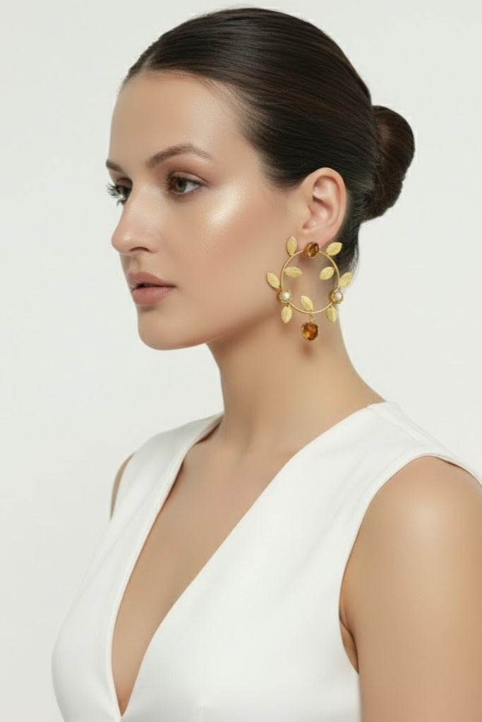 Rose Cabochon Gold Leaf Statement Earrings