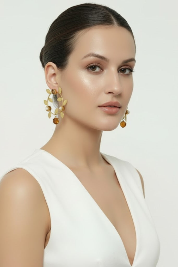 Rose Cabochon Gold Leaf Statement Earrings