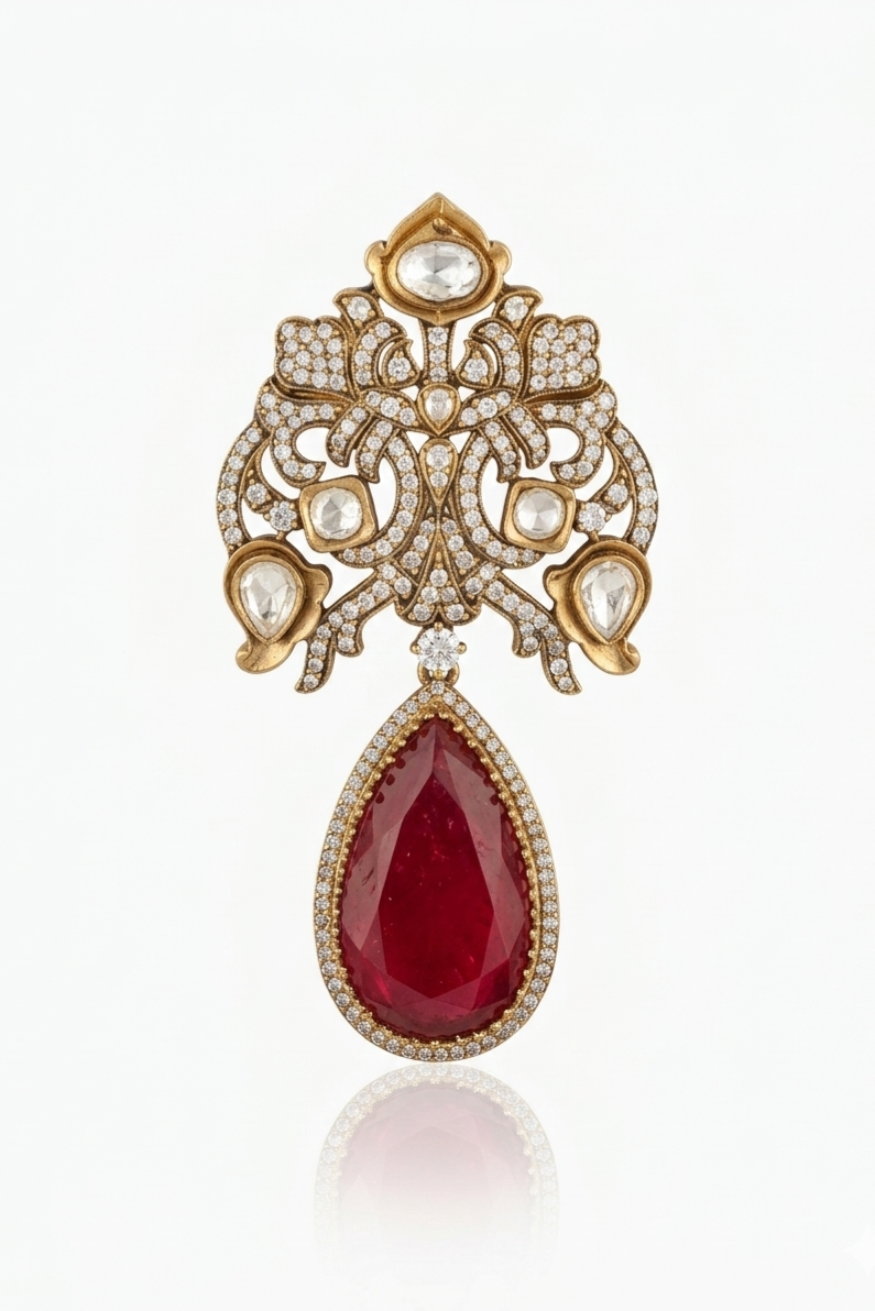Ruby moissanite polki brooch | Male &amp; Female