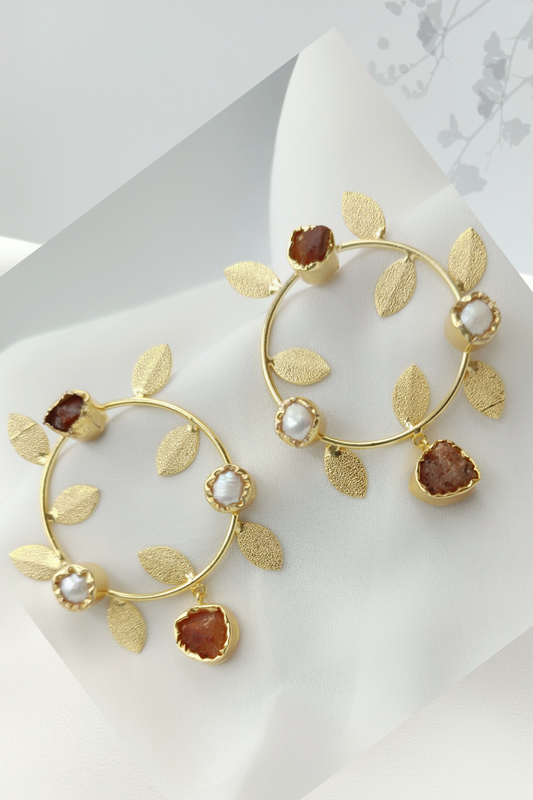 Rose Cabochon Gold Leaf Statement Earrings