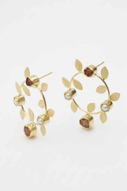 Rose Cabochon Gold Leaf Statement Earrings