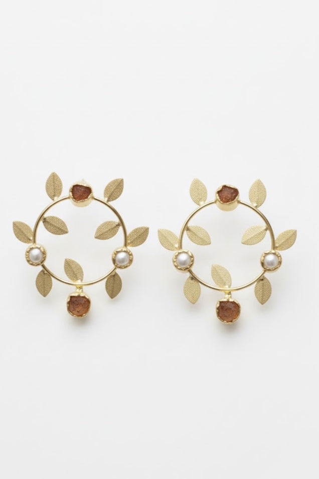 Rose Cabochon Gold Leaf Statement Earrings