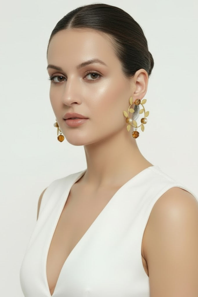 Rose Cabochon Gold Leaf Statement Earrings