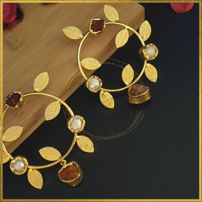 Rose Cabochon Gold Leaf Statement Earrings