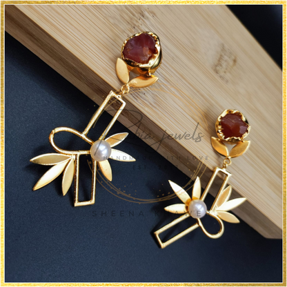 Floral Gold Earrings Cabochon