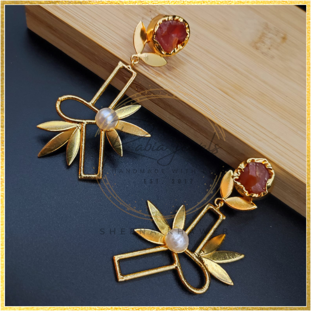 Floral Gold Earrings Cabochon