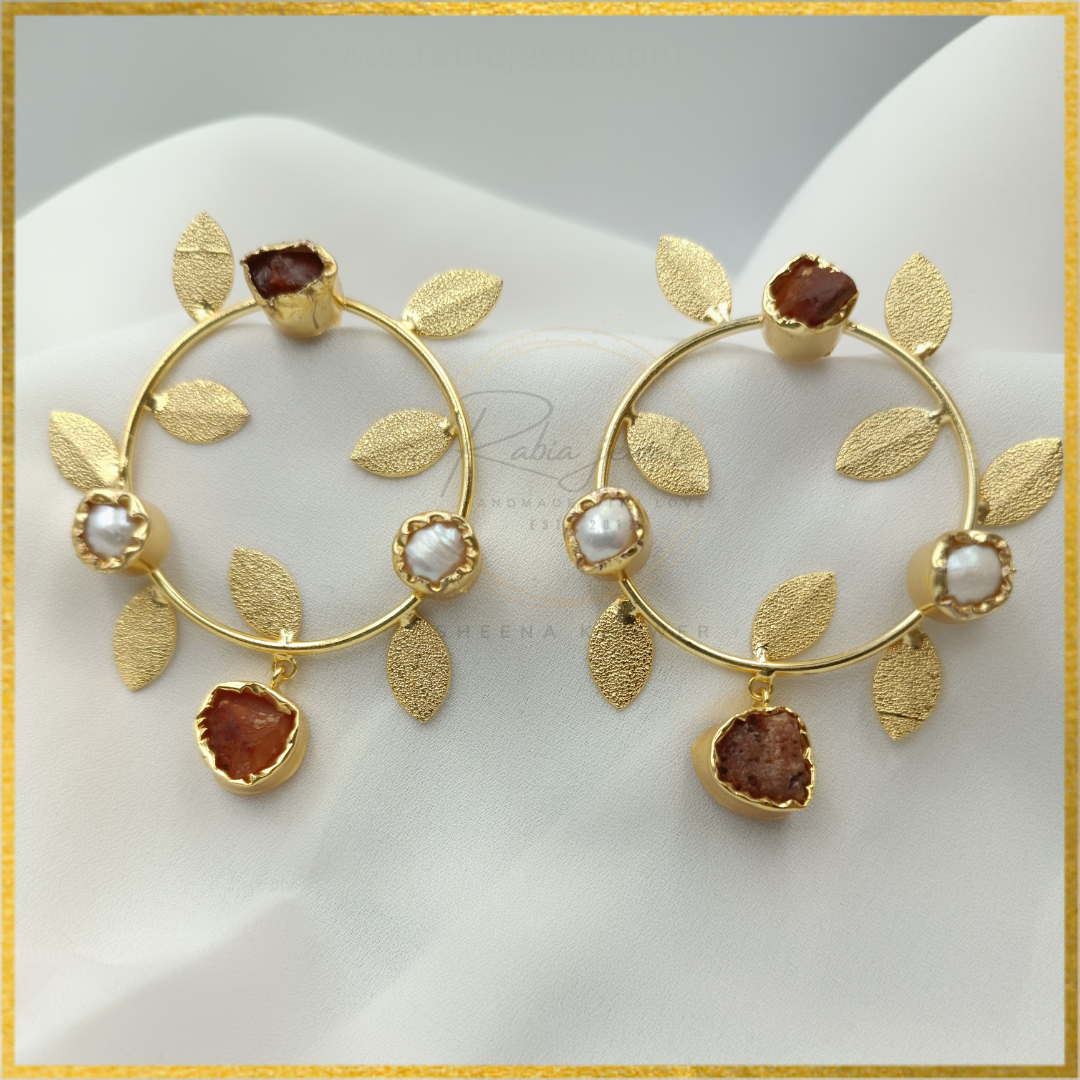Rose Cabochon Gold Leaf Statement Earrings