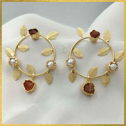 Rose Cabochon Gold Leaf Statement Earrings