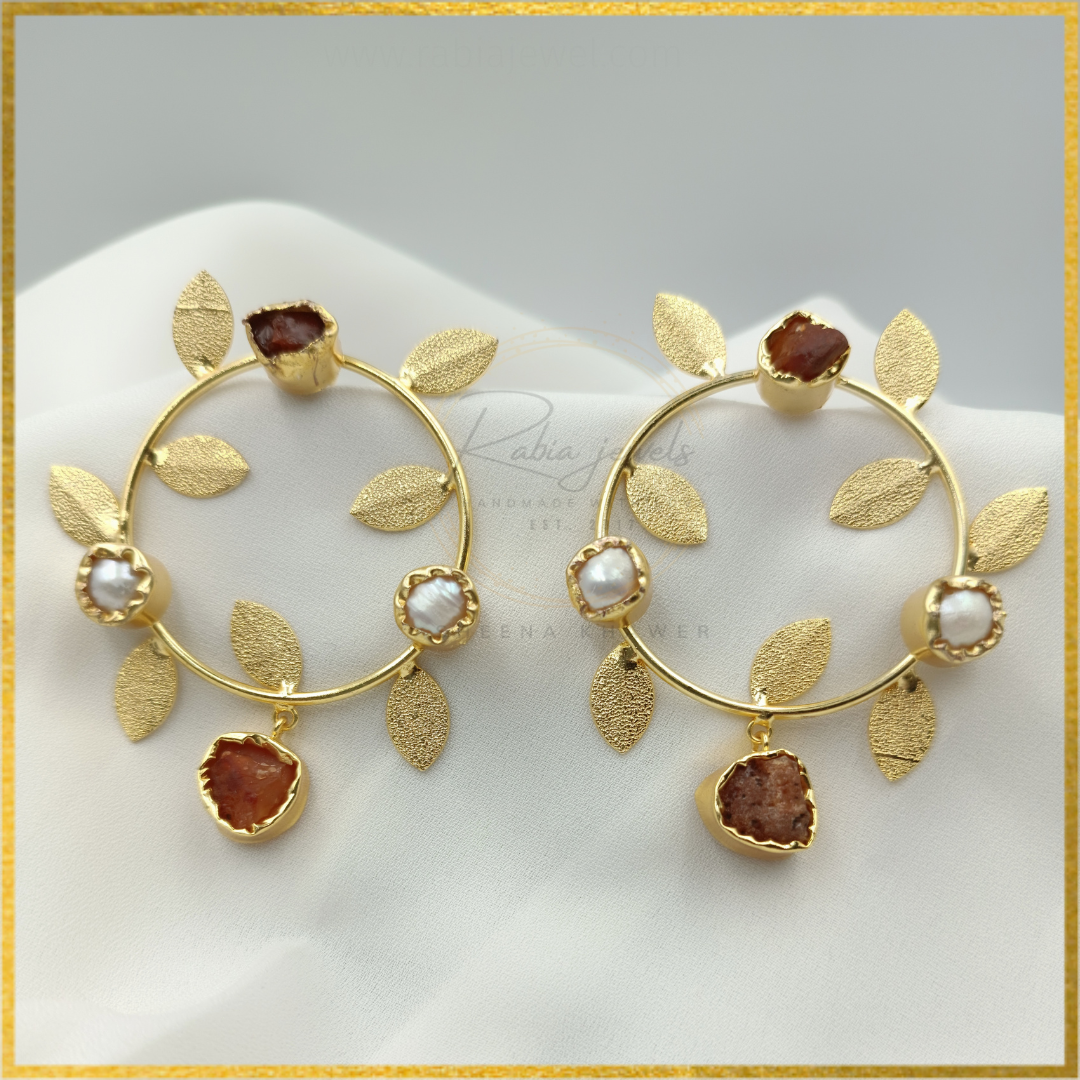 Rose Cabochon Gold Leaf Statement Earrings