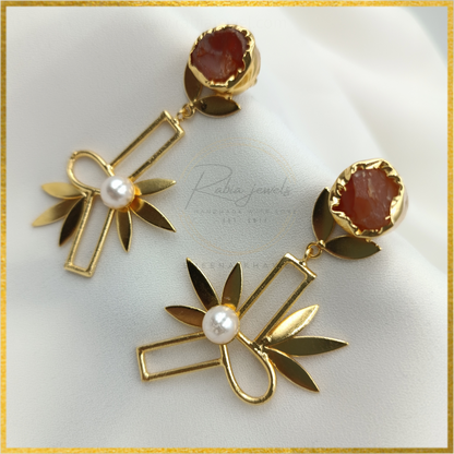 Floral Gold Earrings Cabochon