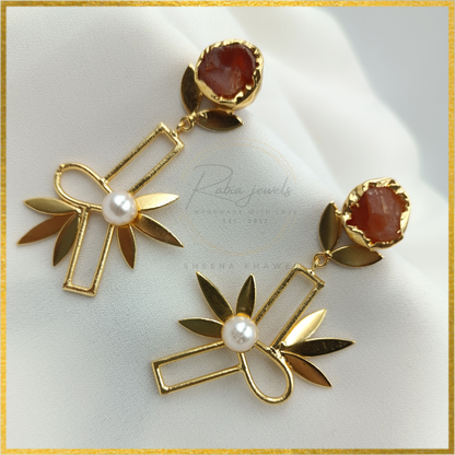 Floral Gold Earrings Cabochon